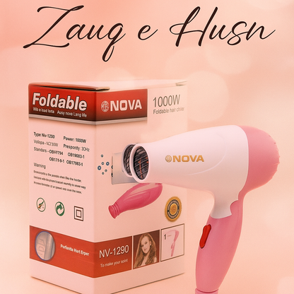 Nova Foldable Hair Dryer – 1000W (Pink) - Lightweight Portable with Fast Drying Technology